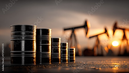 Oil Barrels Derricks with Rising Chart Background Representing Global Spot Market Concept with Sunset