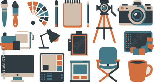 Creative Workspace Still Life Brushes, Camera, Color Palette, and Computer Monitor Illustration in Earthy Tones