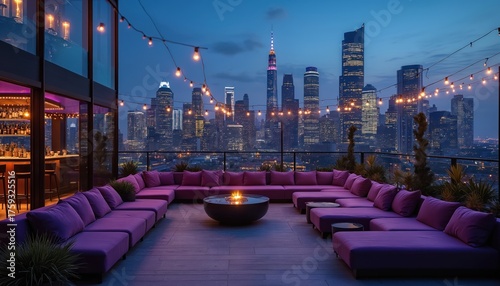 Rooftop lounge at night overlooking city skyline with purple sofas and string lights. Modern bar area offers cocktails. Upscale ambiance for socialising and relaxing.