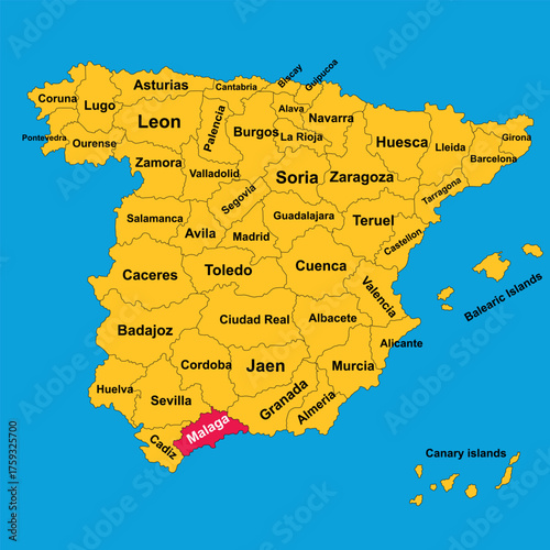 Flat political map of Spain showing clear provincial borders and highlighted Malaga area. Great for education, travel guides, and modern infographic designs.