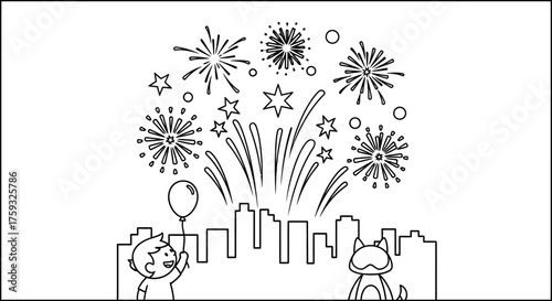 Bright Fireworks Exploding Over a Simplified Town Skyline Celebrating a Holiday