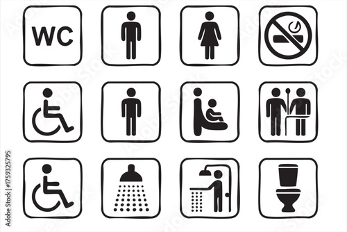 Restroom and toilet sign icons set for public facility and hygiene design