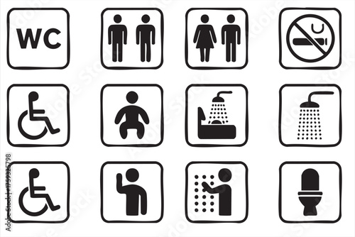 Bathroom and shower symbols vector pack featuring accessibility and WC icons