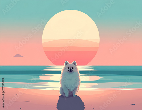 Peaceful Beach Scene with Fluffy Dog and Pastel Sky