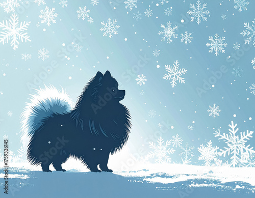 Winter Pomeranian Silhouette with Snowflakes in Blue Background