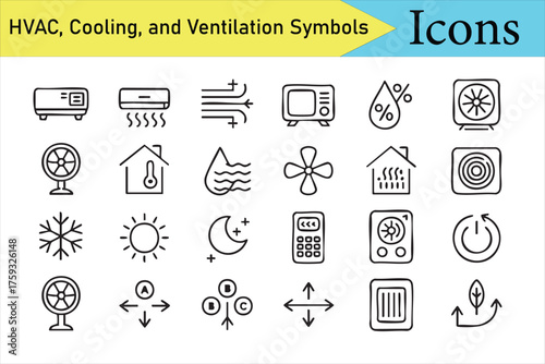 HVAC and air purification outline icons for energy, comfort, and environment themes