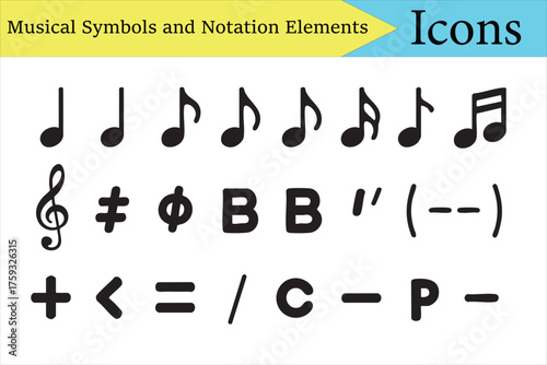 Music notes and symbols icons set for notation, composition, and audio design
