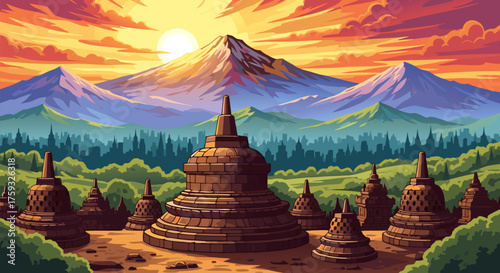 Vibrant sunrise over a historic Asian temple complex with ancient stupas and a mountain landscape