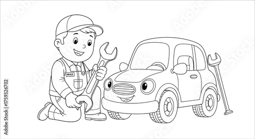 Commercially Viable Coloring Page Mechanic Fixing a Car's Tire Professions