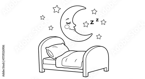 Cozy Bed with Sleepy Moon and Stars Above for Bedtime Routine Coloring Sheet