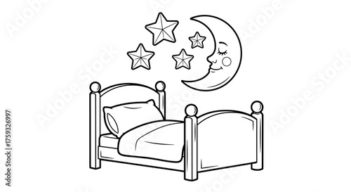 Cozy Bed with Sleepy Moon and Stars Above for Bedtime Routine Coloring Sheet