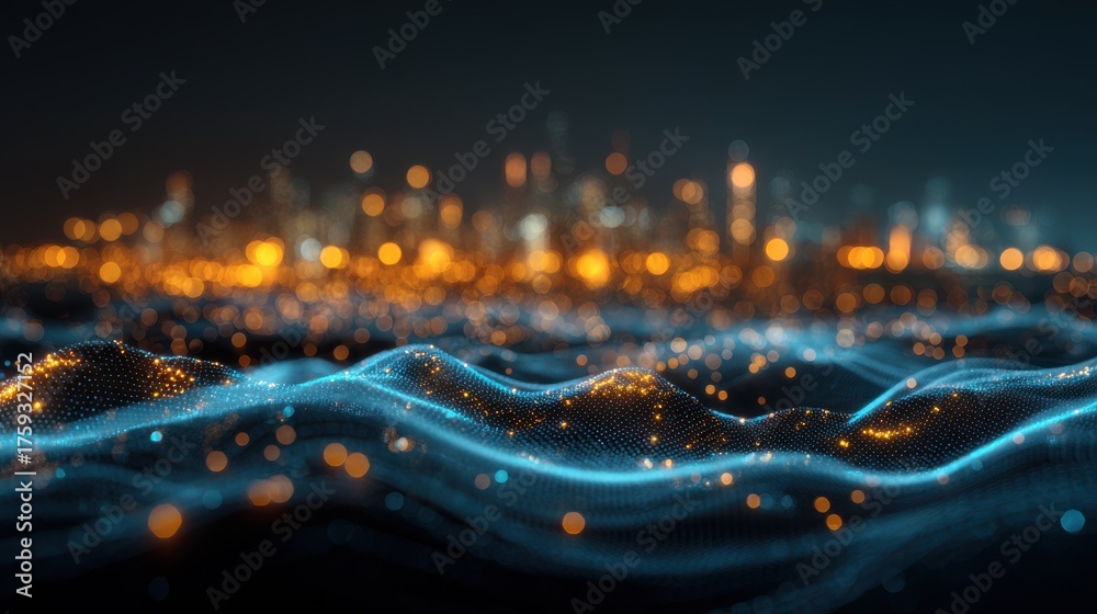 Fototapeta premium Digital Cityscape with Wave Pattern, Abstract Data Visualization Technology