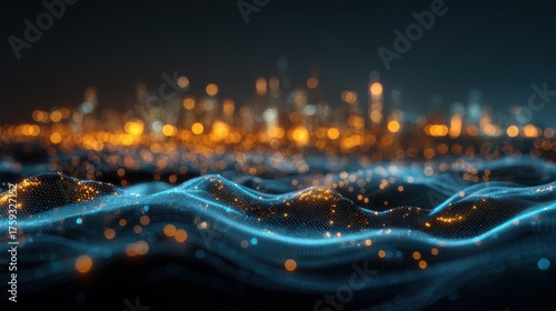 Digital Cityscape with Wave Pattern, Abstract Data Visualization Technology