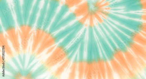 Abstract tie dye spiral pattern in orange and teal colors, vibrant and retro aesthetic for commercial usage