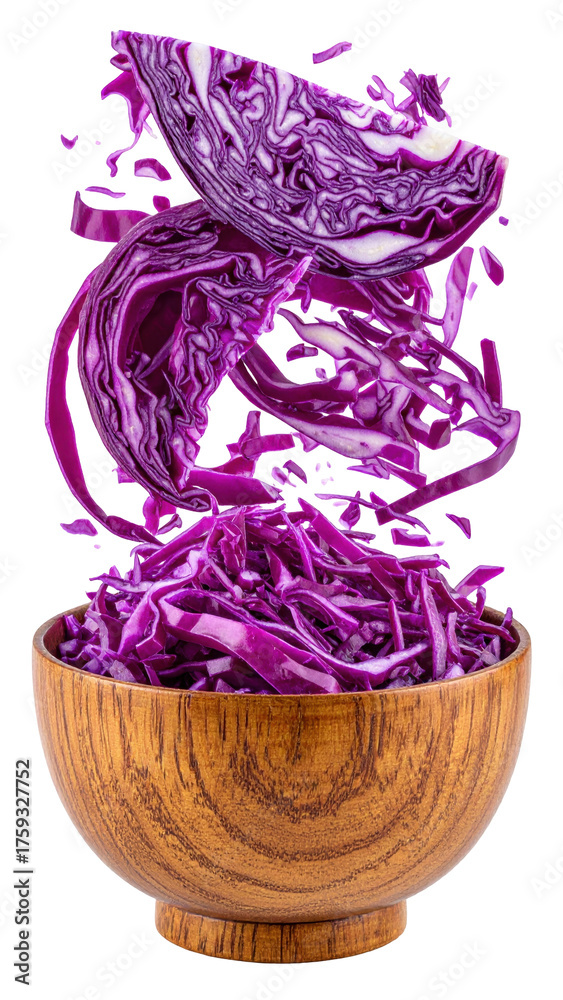 Fototapeta premium Floating Purple Cabbage Slices Above a Wooden Bowl Filled with Shredded Cabbage on a Transparent Background