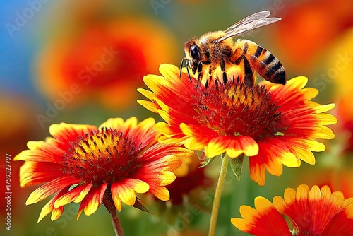 Bee on vibrant red and yellow flower gathers nectar