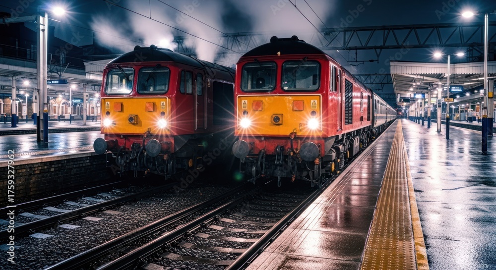 Fototapeta premium Two red & yellow train engines at a station platform illuminated at night