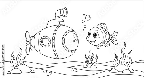 Easy to Color Line Art of a Submarine Exploring the Ocean Floor with Fish