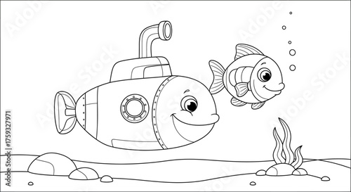 Easy to Color Line Art of a Submarine Exploring the Ocean Floor with Fish