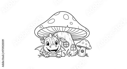 Playful Friendly Dragon Hatchling Peeking from Behind a Giant Toadstool Kids Coloring Art