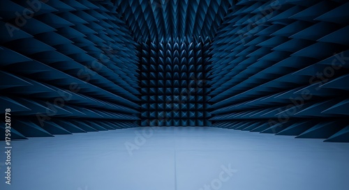 An anechoic chamber with a unique geometric pattern on the walls and ceiling for commercial usage and mockups