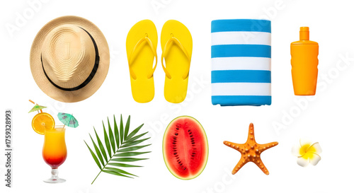 Summer vacation essentials laid out on a transparent background