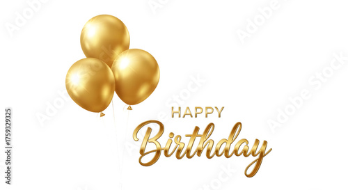 Golden happy birthday text with balloons isolated on transparent background