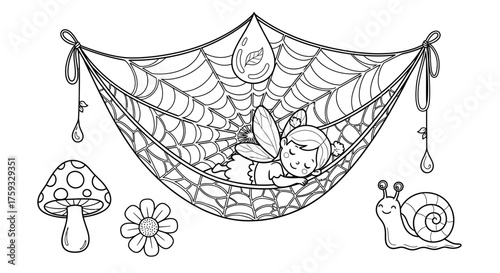 Intricate Spiderweb Transformed into Lacy Fairy Hammock with a Dewdrop Coloring Page
