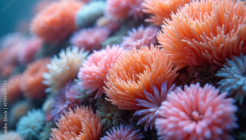 Fototapeta premium Close up of vibrant sea anemone colony with soft pastel hues. Underwater marine life with intricate textures and colors. Ocean floor details in shallow sea.