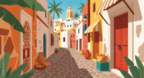 Charming Alleyway Scene A Colorful Moroccan Street with Traditional Architecture