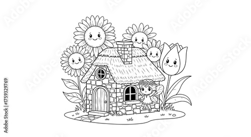 Whimsical Miniature Stone Cottage with Thatch Roof Oversized Flowers Coloring Page