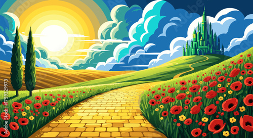 Stunning graphic illustration of a vibrant fantasy landscape journey, featuring a golden pathway winding through lush poppy meadows towards a distant emerald-hued city under a brilliant sunny sky