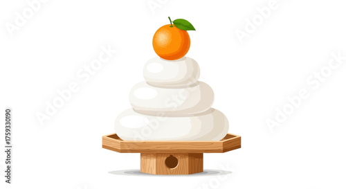 Kagami mochi, a traditional Japanese New Year's rice cake offering with a daidai orange, isolated vector illustration for cultural celebration