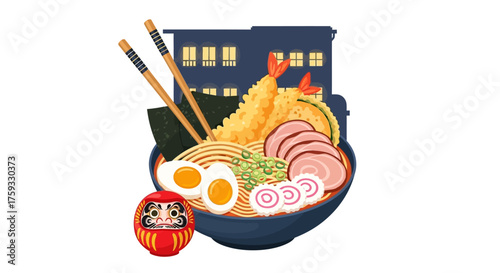 Delicious Japanese Ramen Bowl with Shrimp Tempura and Daruma Doll Illustration