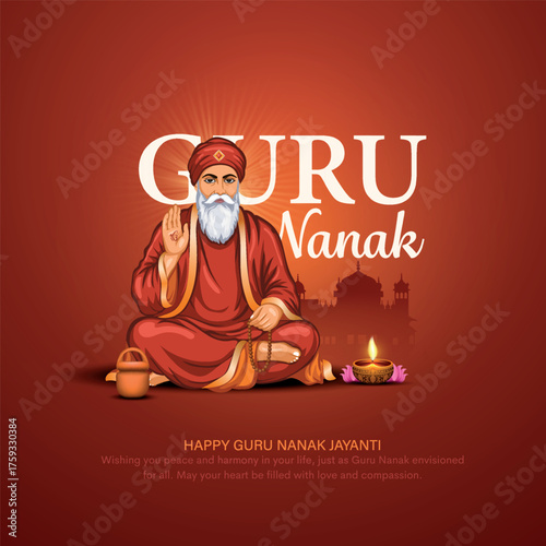 Guru Nanak Jayanti Sikh Religious Celebration with Guru Nanak vector Illustration.