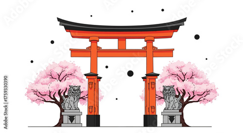 Japanese Torii Gate with Cherry Blossoms Illustration