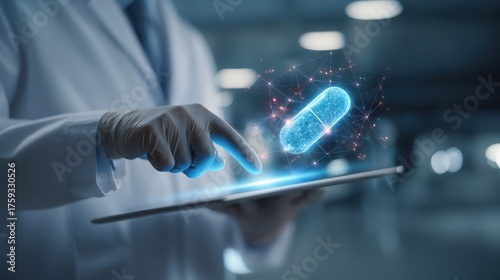 Doctor Using Tablet with Holographic Medication Pill for Research and Treatment