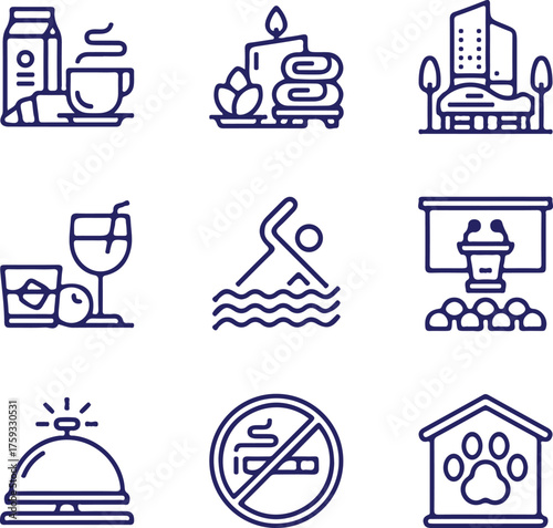 Vector art of set of icons representing hotel services and amenities