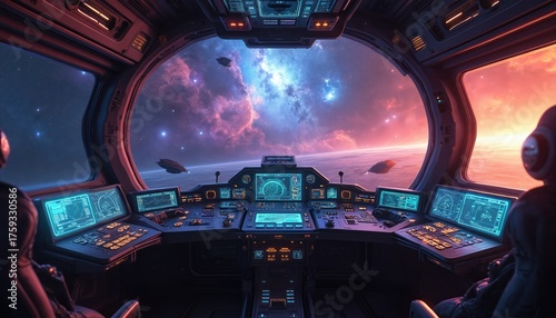 Fototapeta Naklejka Na Ścianę i Meble -  Futuristic spacecraft cockpit. View of galaxy with vibrant nebula, stars, planet, ships from inside. Crew sit at detailed control panel with glowing screens, buttons. Space travel, exploration