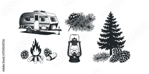 Vintage Caravan, Campfire, and Lantern in Forest Scene