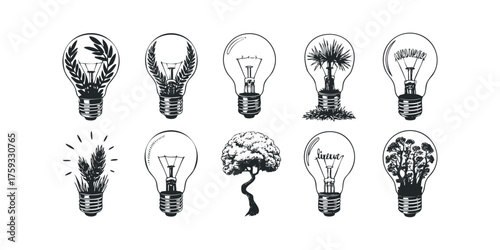 Set of diverse light bulb icons with natural elements