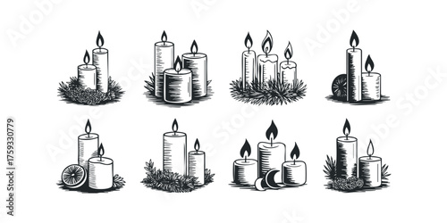 Eight arrangements of lit candles and festive greenery