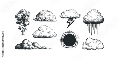 Sketch of tree, clouds, sun, and lightning bolt