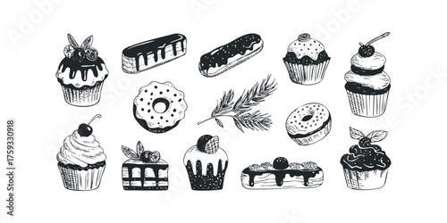 Assortment of Hand Drawn Desserts in Sketch Style