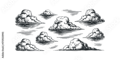 Sketch of diverse cumulus clouds against a white background