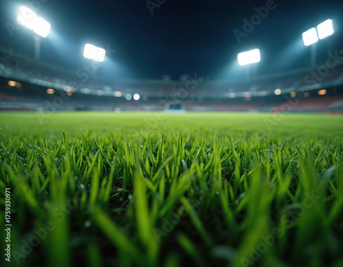 Vibrant close up of fresh green grass on stadium sport field at night. Bright stadium lights powerfully illuminate pristine playing turf. Empty arena stands ready for big game, major athletic