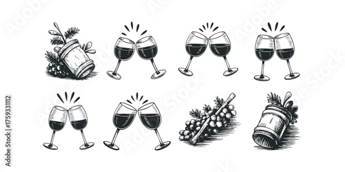 Collection of etched wine glasses and barrels
