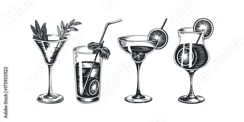 Four illustrative cocktails with garnishes