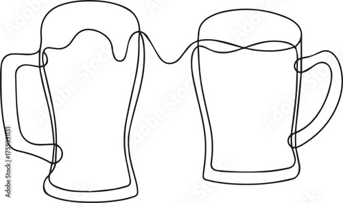 Two glasses of beer clinking together in a continuous line drawing