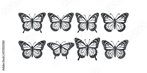 Collection of eight black and white monarch butterflies